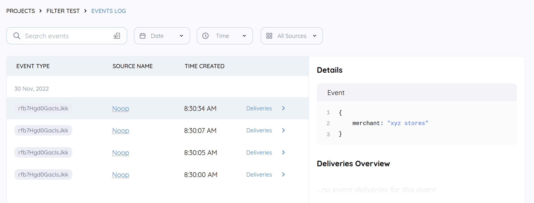 Events log showing all four sent events