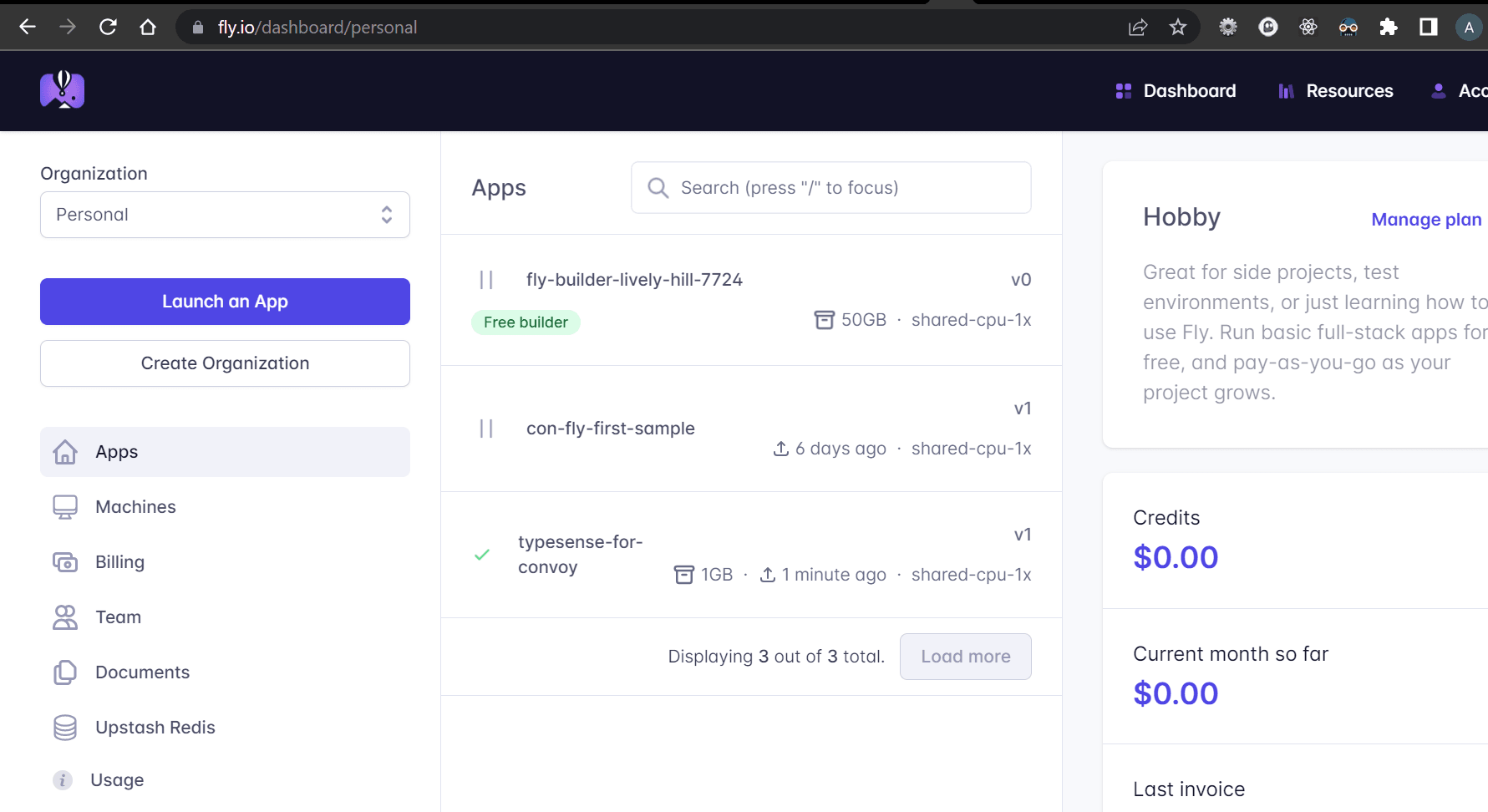typesense app listed on fly.io dashboard